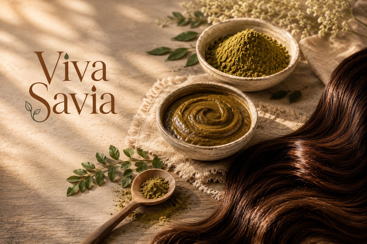 Henna preparada en cuencos con polvo vegetal, cabello brillante y logo Viva Savia