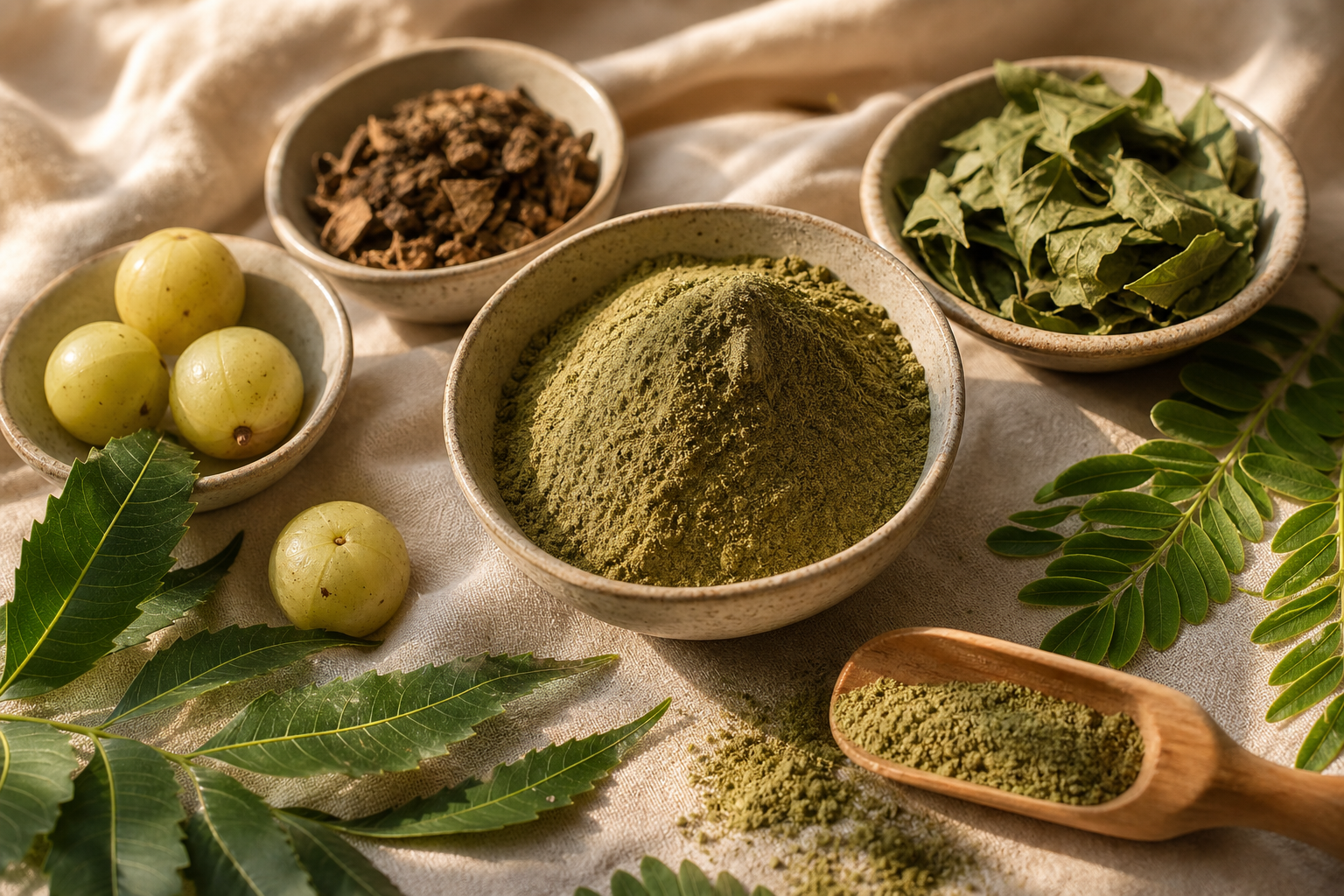 Ingredientes botánicos para preparar Mashat con plantas ayurvédicas y polvo vegetal